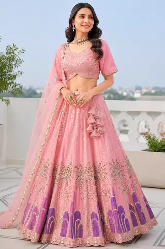 Designer Baby pink Tabby Silk Lehenga Choli with Sequin, Zari & Hand-Painted Embroidery and Net Dupatta
