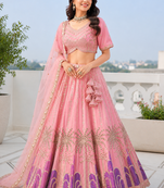 Designer Baby pink Tabby Silk Lehenga Choli with Sequin, Zari & Hand-Painted Embroidery and Net Dupatta
