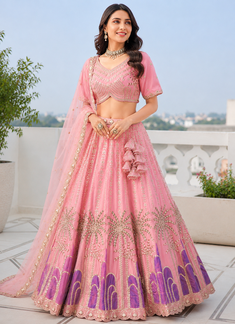 Designer Baby pink Tabby Silk Lehenga Choli with Sequin, Zari & Hand-Painted Embroidery and Net Dupatta