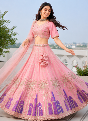 Designer Baby pink Tabby Silk Lehenga Choli with Sequin, Zari & Hand-Painted Embroidery and Net Dupatta 2