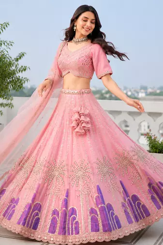 Designer Baby pink Tabby Silk Lehenga Choli with Sequin, Zari & Hand-Painted Embroidery and Net Dupatta