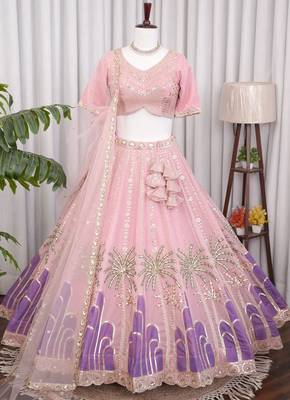 Designer Baby pink Tabby Silk Lehenga Choli with Sequin, Zari & Hand-Painted Embroidery and Net Dupatta 3