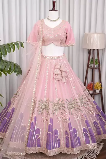Designer Baby pink Tabby Silk Lehenga Choli with Sequin, Zari & Hand-Painted Embroidery and Net Dupatta