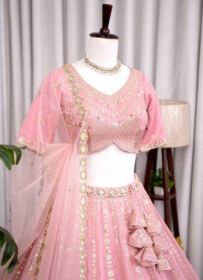Designer Baby pink Tabby Silk Lehenga Choli with Sequin, Zari & Hand-Painted Embroidery and Net Dupatta 4