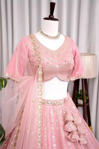 Designer Baby pink Tabby Silk Lehenga Choli with Sequin, Zari & Hand-Painted Embroidery and Net Dupatta