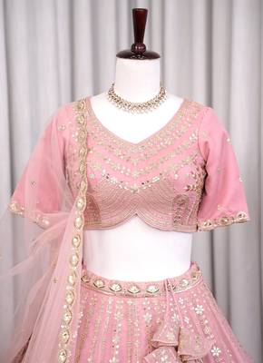 Designer Baby pink Tabby Silk Lehenga Choli with Sequin, Zari & Hand-Painted Embroidery and Net Dupatta 5