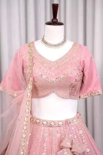 Designer Baby pink Tabby Silk Lehenga Choli with Sequin, Zari & Hand-Painted Embroidery and Net Dupatta