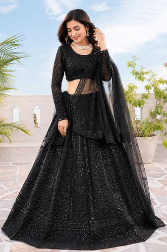 Designer Black Sequins Embroidered Net Lehenga Choli with Soft Net Dupatta