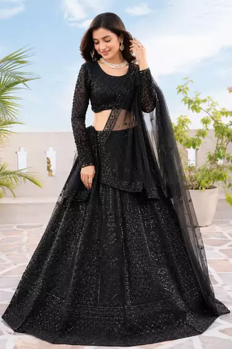 Designer Black Sequins Embroidered Net Lehenga Choli with Soft Net Dupatta