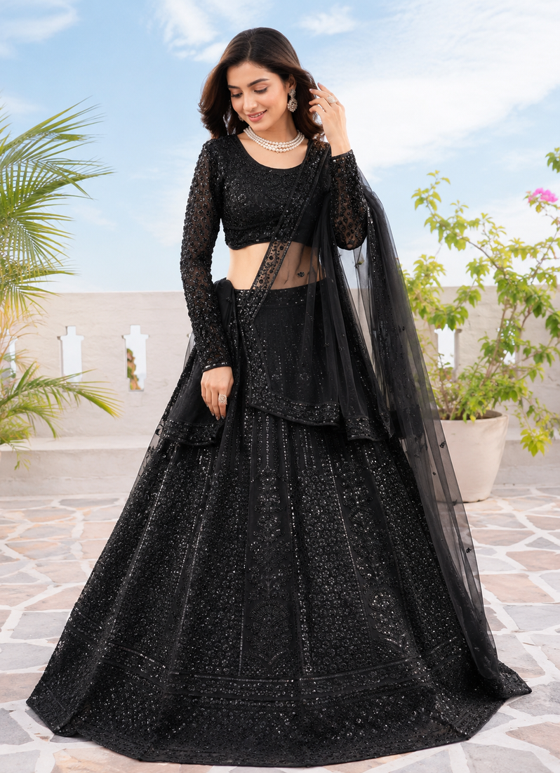 Designer Black Sequins Embroidered Net Lehenga Choli with Soft Net Dupatta