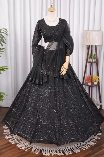 Designer Black Sequins Embroidered Net Lehenga Choli with Soft Net Dupatta