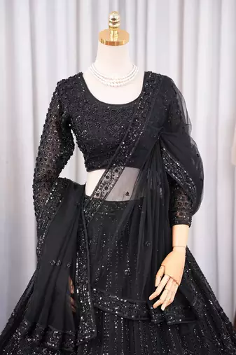 Designer Black Sequins Embroidered Net Lehenga Choli with Soft Net Dupatta