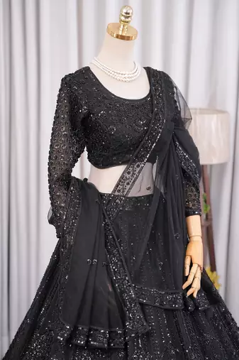 Designer Black Sequins Embroidered Net Lehenga Choli with Soft Net Dupatta