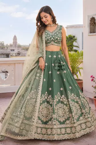 Designer Sage Green Chinon Silk Lehenga Choli with Gold Embroidery Border Dupatta