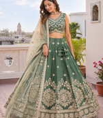 Designer Sage Green Chinon Silk Lehenga Choli with Gold Embroidery Border Dupatta