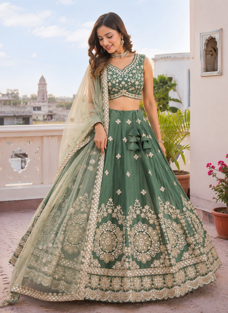 Designer Sage Green Chinon Silk Lehenga Choli with Gold Embroidery Border Dupatta