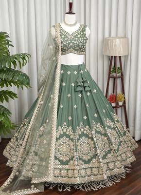 Designer Sage Green Chinon Silk Lehenga Choli with Gold Embroidery Border Dupatta 2