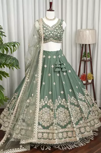 Designer Sage Green Chinon Silk Lehenga Choli with Gold Embroidery Border Dupatta