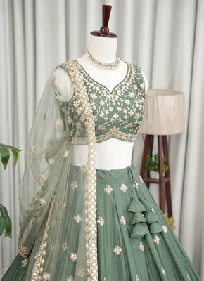 Designer Sage Green Chinon Silk Lehenga Choli with Gold Embroidery Border Dupatta 3