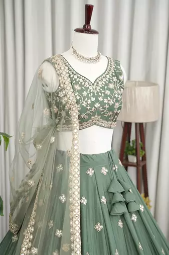 Designer Sage Green Chinon Silk Lehenga Choli with Gold Embroidery Border Dupatta