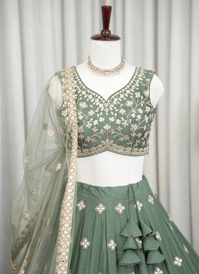Designer Sage Green Chinon Silk Lehenga Choli with Gold Embroidery Border Dupatta 4