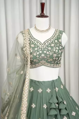 Designer Sage Green Chinon Silk Lehenga Choli with Gold Embroidery Border Dupatta