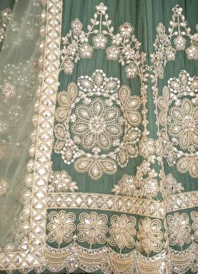 Designer Sage Green Chinon Silk Lehenga Choli with Gold Embroidery Border Dupatta 5