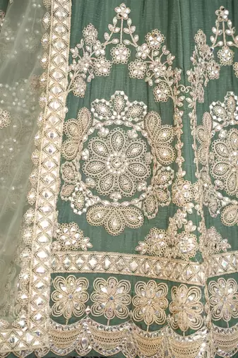 Designer Sage Green Chinon Silk Lehenga Choli with Gold Embroidery Border Dupatta