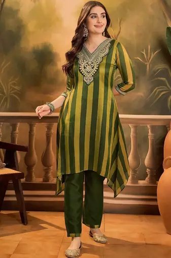 striped v-neck thread work a-line kurta with trousers