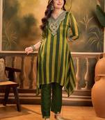 striped v-neck thread work a-line kurta with trousers