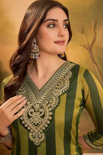 striped v-neck thread work a-line kurta with trousers