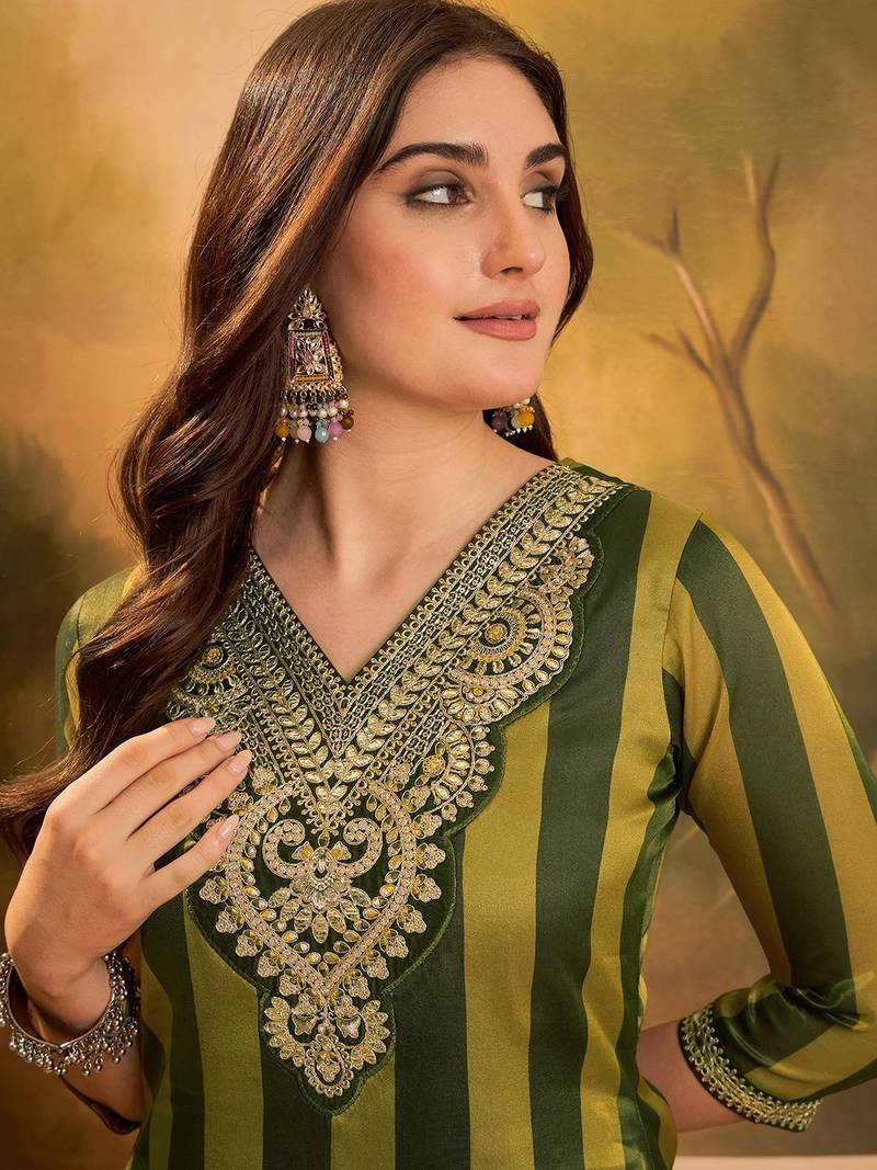 striped v-neck thread work a-line kurta with trousers