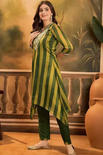 striped v-neck thread work a-line kurta with trousers