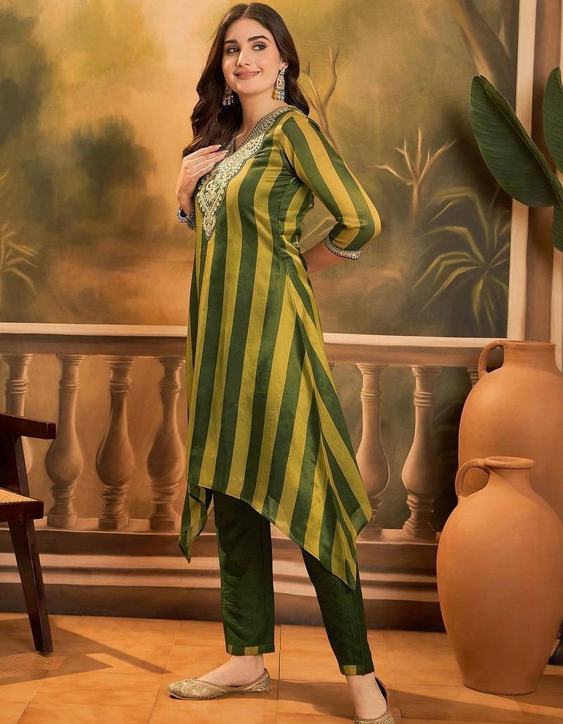striped v-neck thread work a-line kurta with trousers