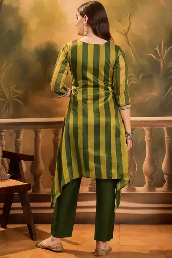 striped v-neck thread work a-line kurta with trousers