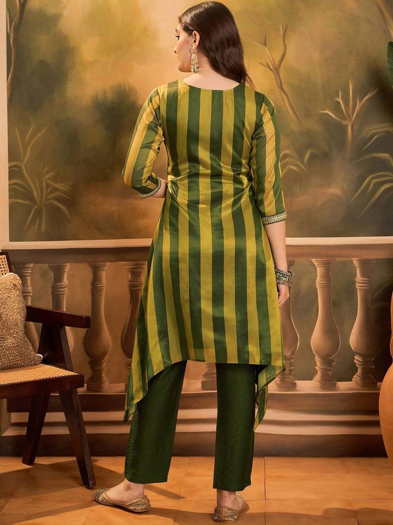 striped v-neck thread work a-line kurta with trousers