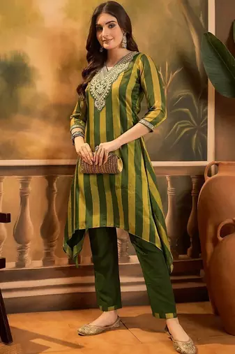 striped v-neck thread work a-line kurta with trousers