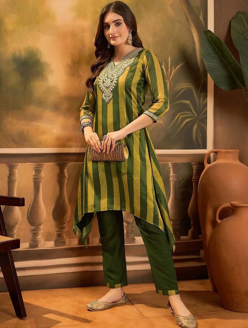striped v-neck thread work a-line kurta with trousers