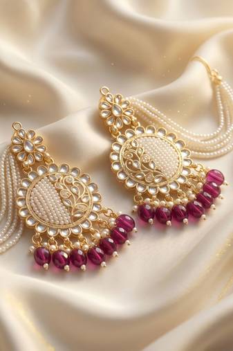   Fashionable Pearl purple Colour Chandabali Earrings