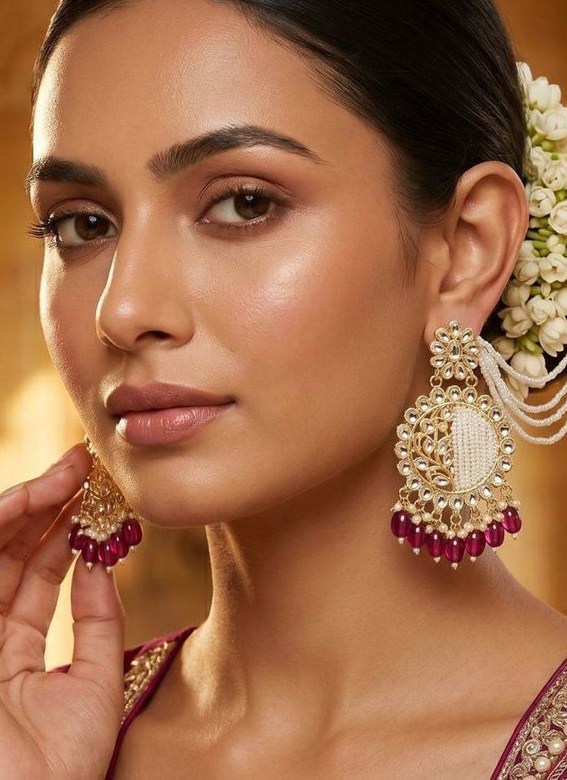   Fashionable Pearl purple Colour Chandabali Earrings