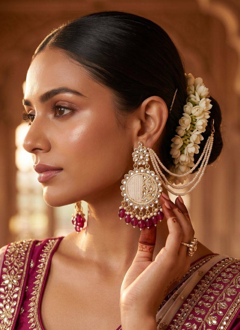   Fashionable Pearl purple Colour Chandabali Earrings