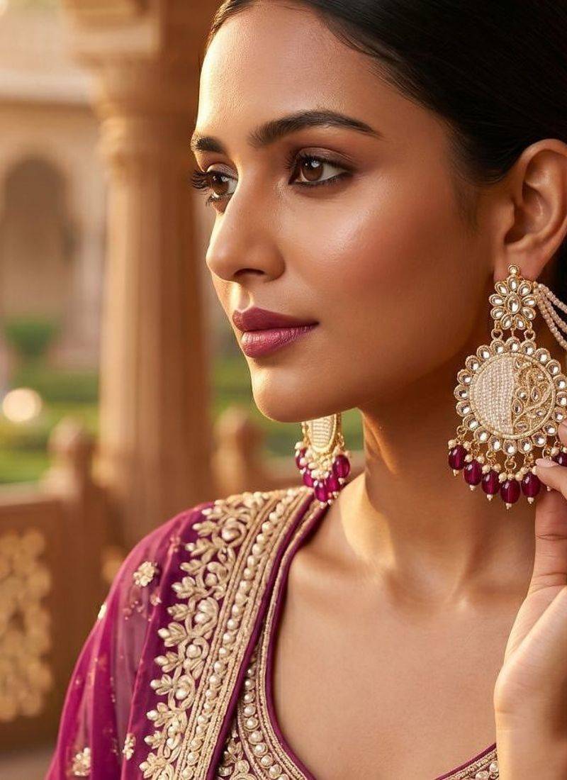   Fashionable Pearl purple Colour Chandabali Earrings
