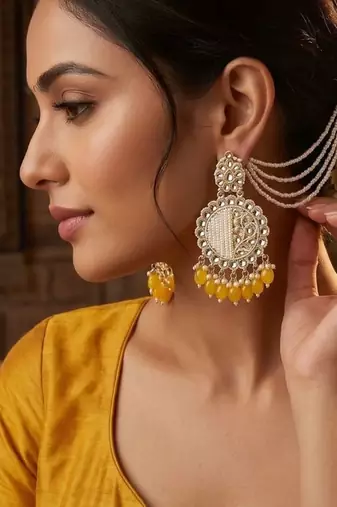   Fashionable Pearl yellow Colour Chandabali Earrings
