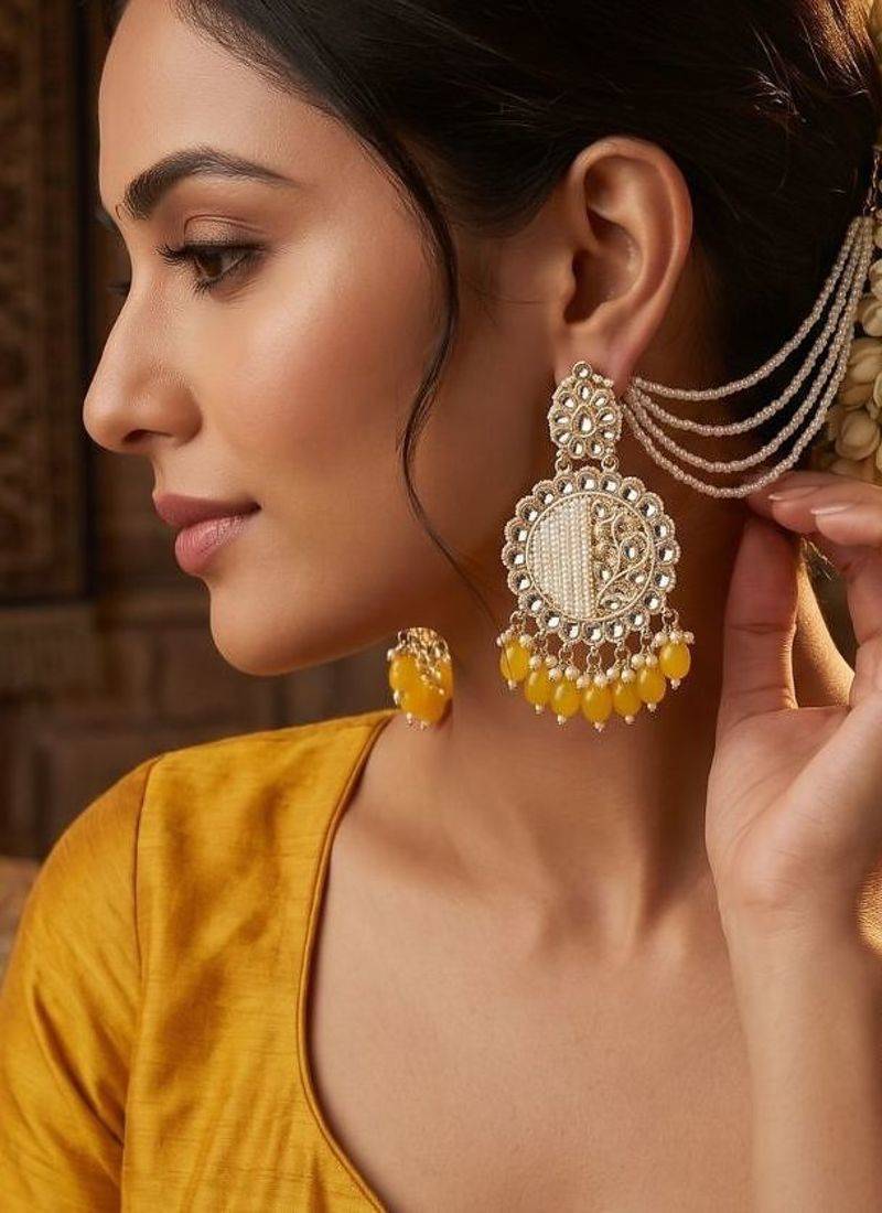   Fashionable Pearl yellow Colour Chandabali Earrings