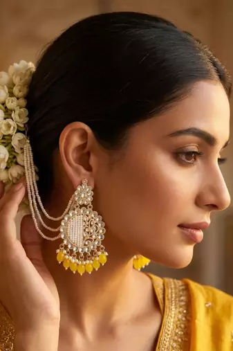   Fashionable Pearl yellow Colour Chandabali Earrings