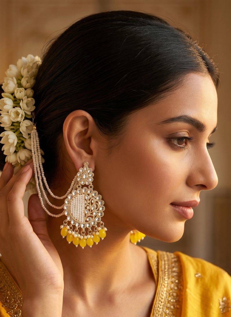   Fashionable Pearl yellow Colour Chandabali Earrings