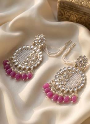  Fashionable Pearl Rani Colour Chandabali Earrings 1