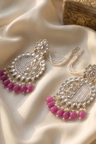   Fashionable Pearl Rani Colour Chandabali Earrings