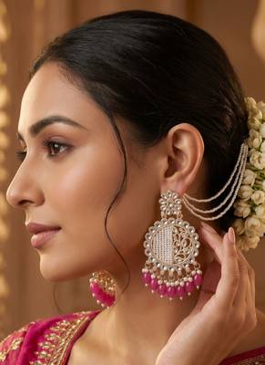   Fashionable Pearl Rani Colour Chandabali Earrings 2