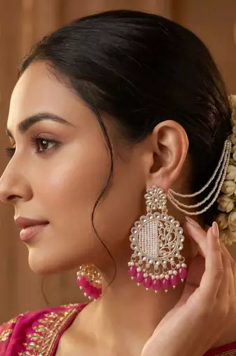   Fashionable Pearl Rani Colour Chandabali Earrings